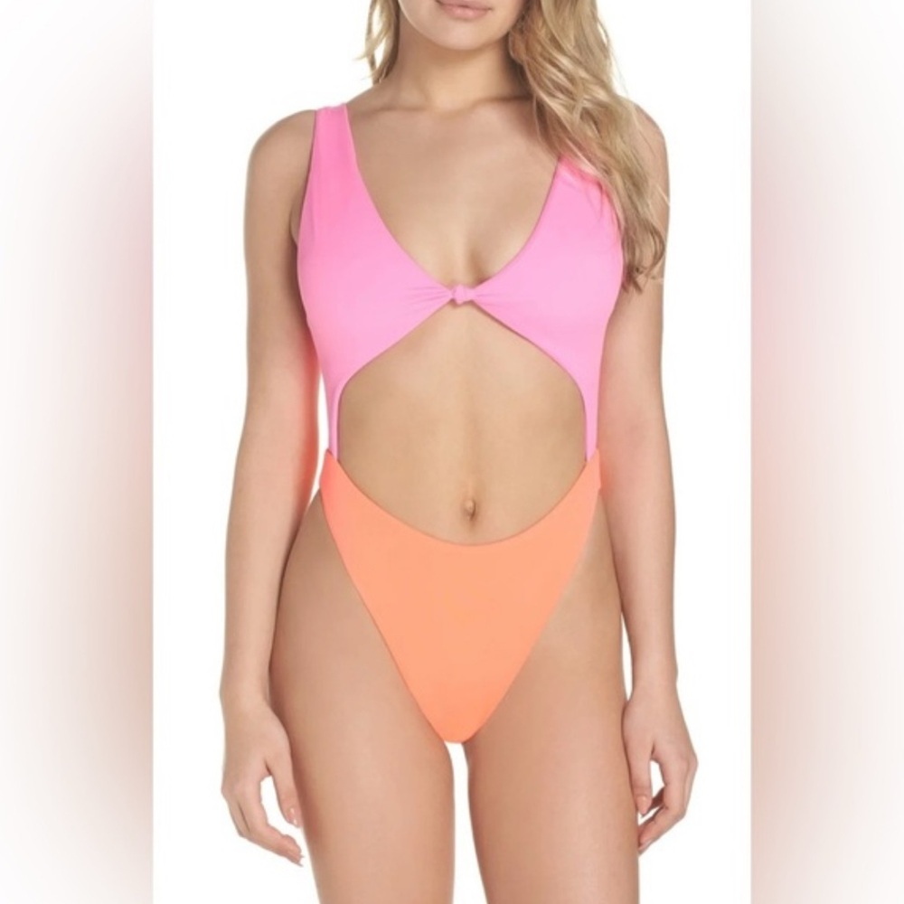 New Leith color block one piece swimsuit pink orange sz small - Picture 2 of 7